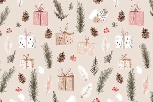 Christmas Gift boxes and pine cones pattern seamless holiday background, AI Generated