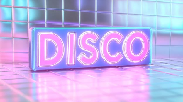 Neon sign with glowing word disco in retro styled room interior, AI Generated