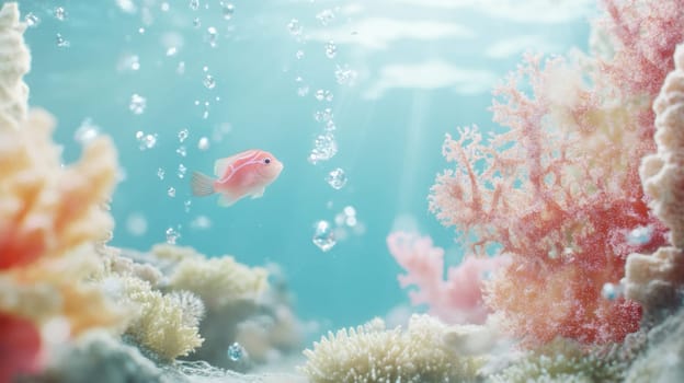 Tropical fishes swimming near white coral reef ocean underwater, serene aquatic background, AI Generated