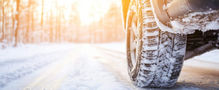 Car on snowy forest road with sunlight, winter tires replacing service concept, copy space banner background, AI Generated