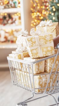 Shopping cart filled with wrapped gifts in Christmas, New Year festive store background, Black Friday sale, AI Generated