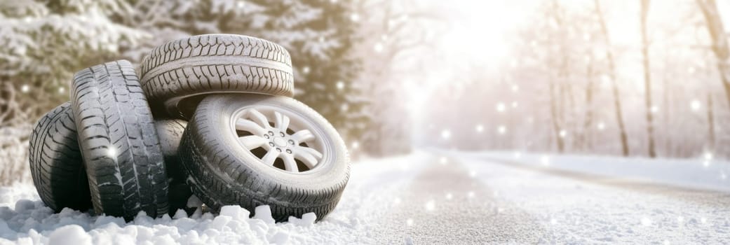 Car tires on snowy forest road with sunlight, winter tires replacing service concept, copy space banner background, AI generated
