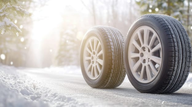 Car tires on snowy forest road with sunlight, winter tires replacing service concept, copy space banner background, AI generated