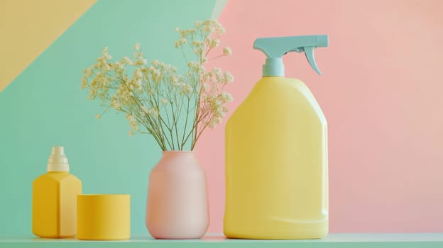 Seasonal spring cleaning, florals and cleaning products pastel mockup design background, AI Generated content
