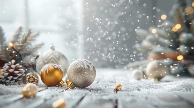 Christmas postcard with ornaments, Christmas tree in snow against blurred background, AI Generated