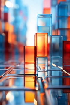 Abstract background of reflective neon purple, blue and orange glass cubes with copy space, AI generated