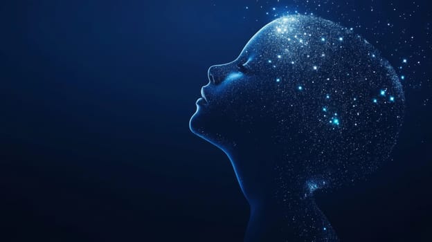 Child silhouette with stars in head, concept of imagination, dreams and universe, dark blue background, AI Generated