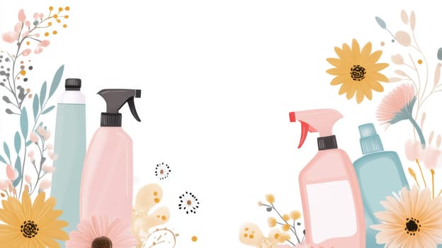 Bottles with spray and flowers on white background for spring cleaning concept, AI Generated