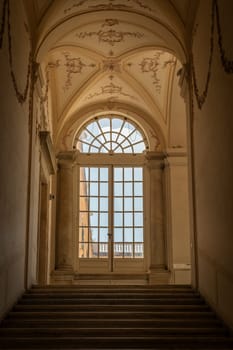 Ancient dark staircase - Grunge interior, nobody, empty building architecture, window
