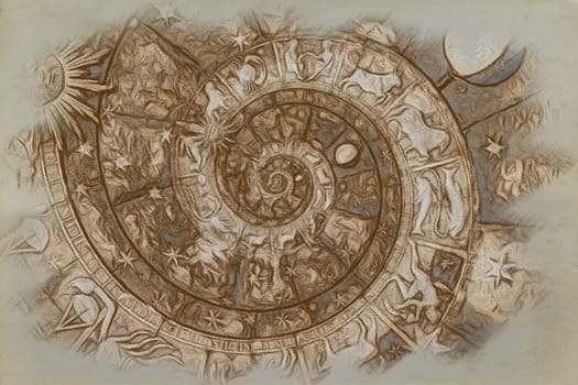 Astrological zodiac background. Vintage illustration art, grunge design. Concept of destiny, fortune, esoteric, magic, mysterious