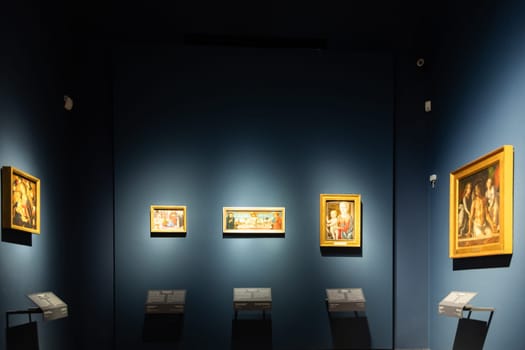Milan, Italy - 23 September 2023: Brera antique painting museum interior. Vintage art exibition, elegant indoor, nobody.