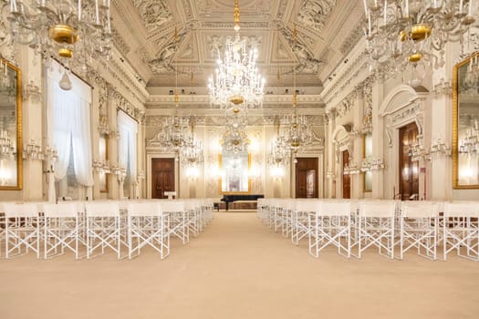 Florence, Italy - 29 June 2023: Pitti Palace - Empty conference Room for indoor event