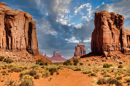 Monument Valley horizon, US, Navajo canyon park. Scenic sky, nature and rock desert.