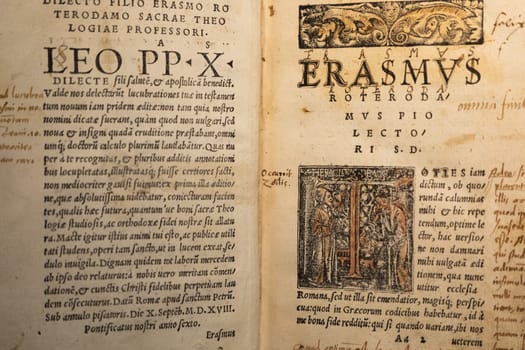 Turin, Italy - 22 April 2023: Erasmo da Rotterdam - Erasmus Roterodamus - New Testament, first printed in 1516. Ancient manuscript