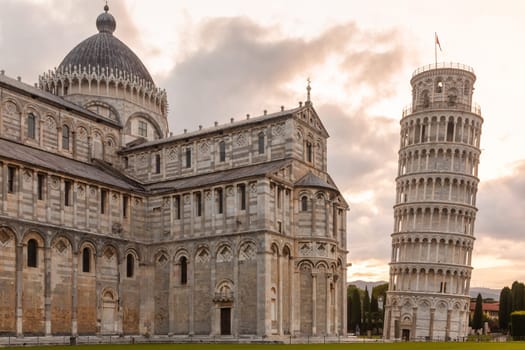 Pisa, Italy - 29 June 2023: cathedral sightseeing, travel destination, sunrise light, famous artistic building