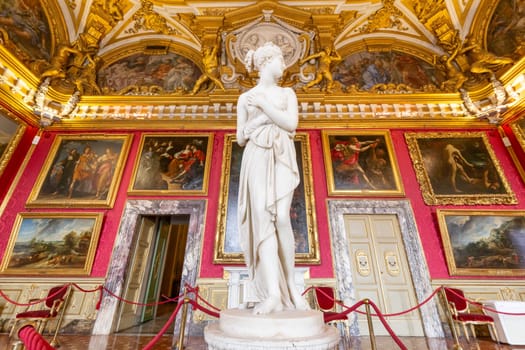 Florence, Italy - 29 June 2023: Palazzo Pitti - Pitti Palace travel destination - museum interior. Antique hall, Renaissance collection