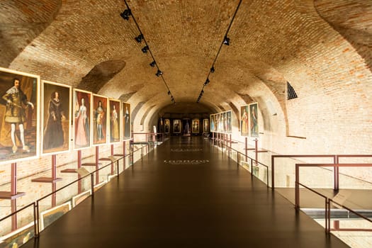 Venaria Reale - Turin, Italy - 16 July 2023: old gallery, museum with paintings perspective