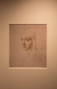 Turin, Italy - April, 2023: Leonardo da Vinci drawing, Royal Library - Face of a Girl, 1485