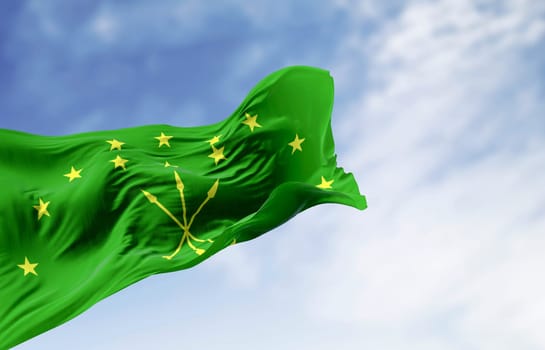 The Circassian flag waving in the wind on a clear day. National flag of Republic of Adygea. Russian Federation. 3d illustration render. Fluttering fabric