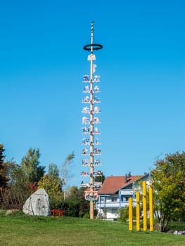View of the Maypole erected according to old tradition in Oy-Mittelberg in the Bavarian Allgäu against a blue summer sky.