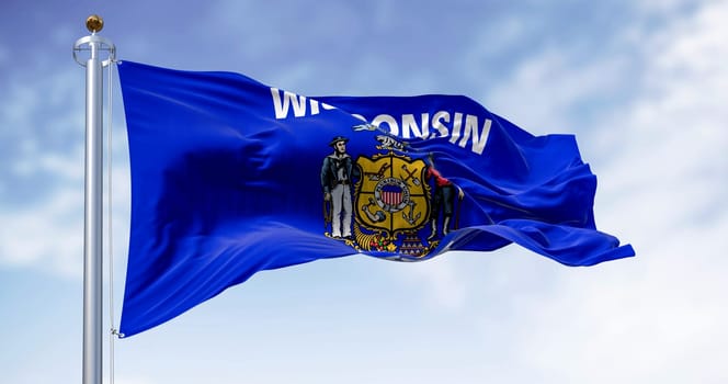 Close-up of Wisconsin state flag waving in the wind. Blue flag with a central coat of arms. 3d illustration render. Rippled fabric. Textured background. Selective focus
