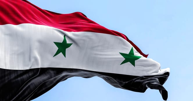 Close-up of Syria national flag waving. Horizontal tricolor red, white, black, two green five-pointed stars. 3d illustration render.