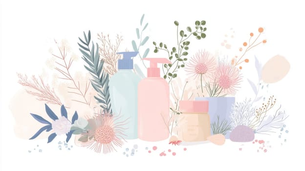 Bottles with spray and flowers on white background for spring cleaning concept, AI Generated