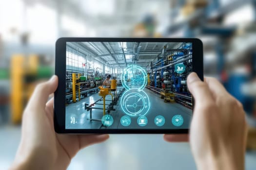 A factory worker is engaged with holographic technology, optimizing processes while surrounded by machinery and equipment. The innovative tools facilitate better workflow in the manufacturing setting.