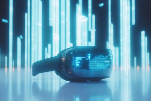 The augmented reality headset rests alone, displaying advanced digital graphics. Its design includes innovative features that potentially enhance user experience in a high-tech environment.