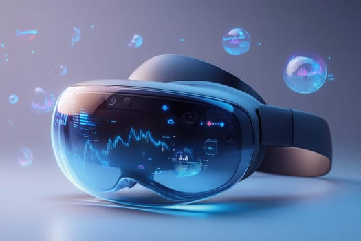 An augmented reality headset rests in isolation, showcasing digital graphics and interactive data. The device is surrounded by virtual bubbles that enhance the immersive experience.