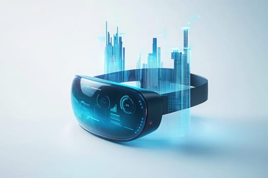 The augmented reality headset is positioned alone against a light background, displaying a futuristic cityscape and digital interfaces.