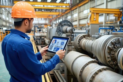 A factory worker monitors industrial machinery through a holographic interface, ensuring optimal performance.