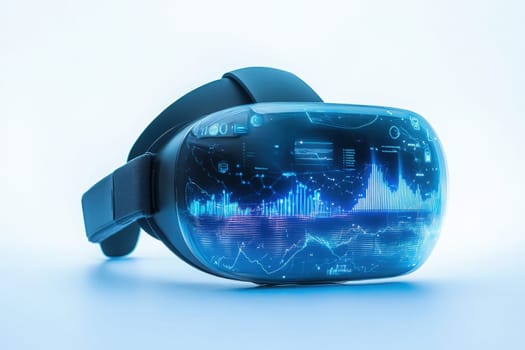The augmented reality headset is showcased against a clean blue background, featuring vibrant digital analytics and data visualizations. This technology represents the future of immersive experiences.