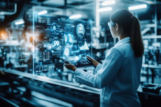A worker in a factory engages with a holographic display to analyze real-time data and metrics. The setting features machinery and a modern workspace focused on production efficiency.