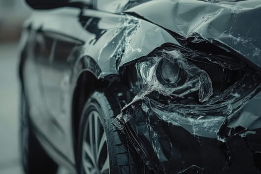 A car bumper displays a significant dent alongside a shattered headlight, highlighting damage from a recent collision. The vehicle is parked in an isolated area, showing signs of impact.