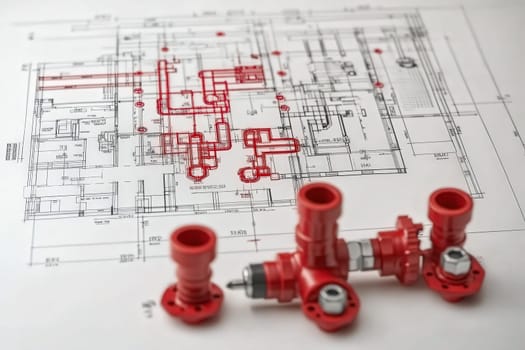 A handheld diagnostic device is placed on top of a detailed engineering blueprint, showcasing plumbing system layouts and intricate connections to facilitate analysis and understanding.