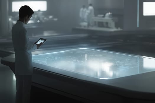 A factory worker stands attentively, using a tablet to interact with a large holographic display in a high-tech production environment. Surrounding colleagues are engaged in nearby tasks.