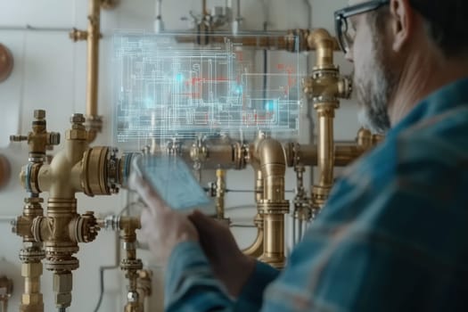 A technician operates a handheld diagnostic tool while inspecting a complex plumbing system with numerous brass pipes. Virtual overlays assist in identifying issues.