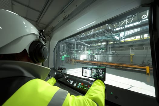 In a contemporary factory, a worker in safety gear operates machinery while interacting with a holographic display. The environment showcases advanced technology and production equipment.