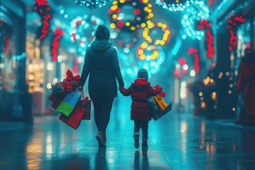 A mother and her young child walk hand in hand, both holding vibrant holiday gifts. The atmosphere is festive, enhanced by bright lights and decorations lining the mall.