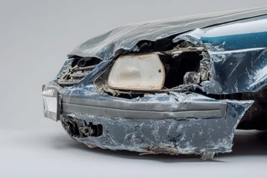 An isolated car bumper shows extensive damage with a deep dent, exposing the internal structure and elements. The bright backdrop highlights the severity of the impact and wear.