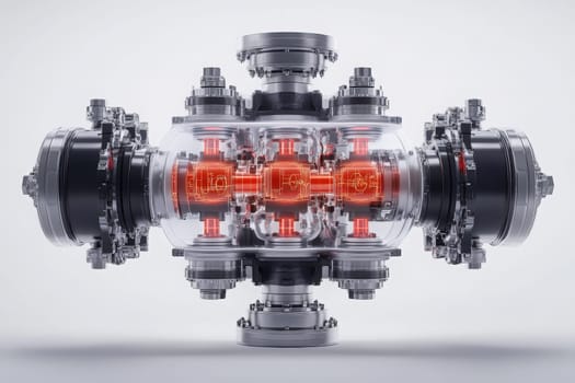 The diagnostic tool features a transparent casing revealing intricate internal components and illuminated parts, suitable for analyzing engine performance in a focused workspace.