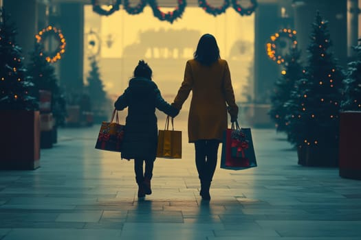 A mother and her child are joyfully walking together, holding hands and carrying colorful shopping bags in a beautifully decorated plaza during the winter season.