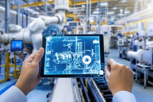 In a modern factory setting, a worker is engaged with a holographic display on a tablet, analyzing machinery blueprints. This technology aids in monitoring equipment efficiently.