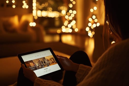 In a warm and cozy atmosphere, an individual relaxes while holding a tablet, surrounded by softly glowing holiday lights. The setting suggests an intimate and cheerful ambiance.