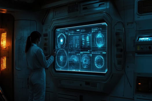 A factory worker interacts with a large holographic display, analyzing detailed data and designs in a high-tech environment.