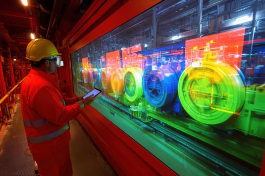 A factory worker dressed in safety gear observes machinery through a holographic display, ensuring efficient operations. The vibrant colors of the equipment highlight advanced technology in use.