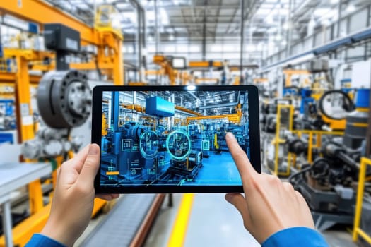 A factory worker interacts with a holographic interface displayed on a tablet, optimizing machinery processes. The environment is filled with advanced manufacturing equipment and assembly lines.
