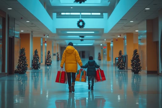 A mother and her child stroll through a spacious shopping mall, carrying brightly colored bags filled with holiday gifts. Decorated trees line the hall, enhancing the festive atmosphere.