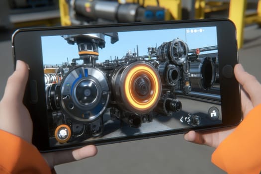 A factory worker is engaged with a holographic interface on a mobile device, examining intricate machinery details. The bright environment enhances focus on visual data.